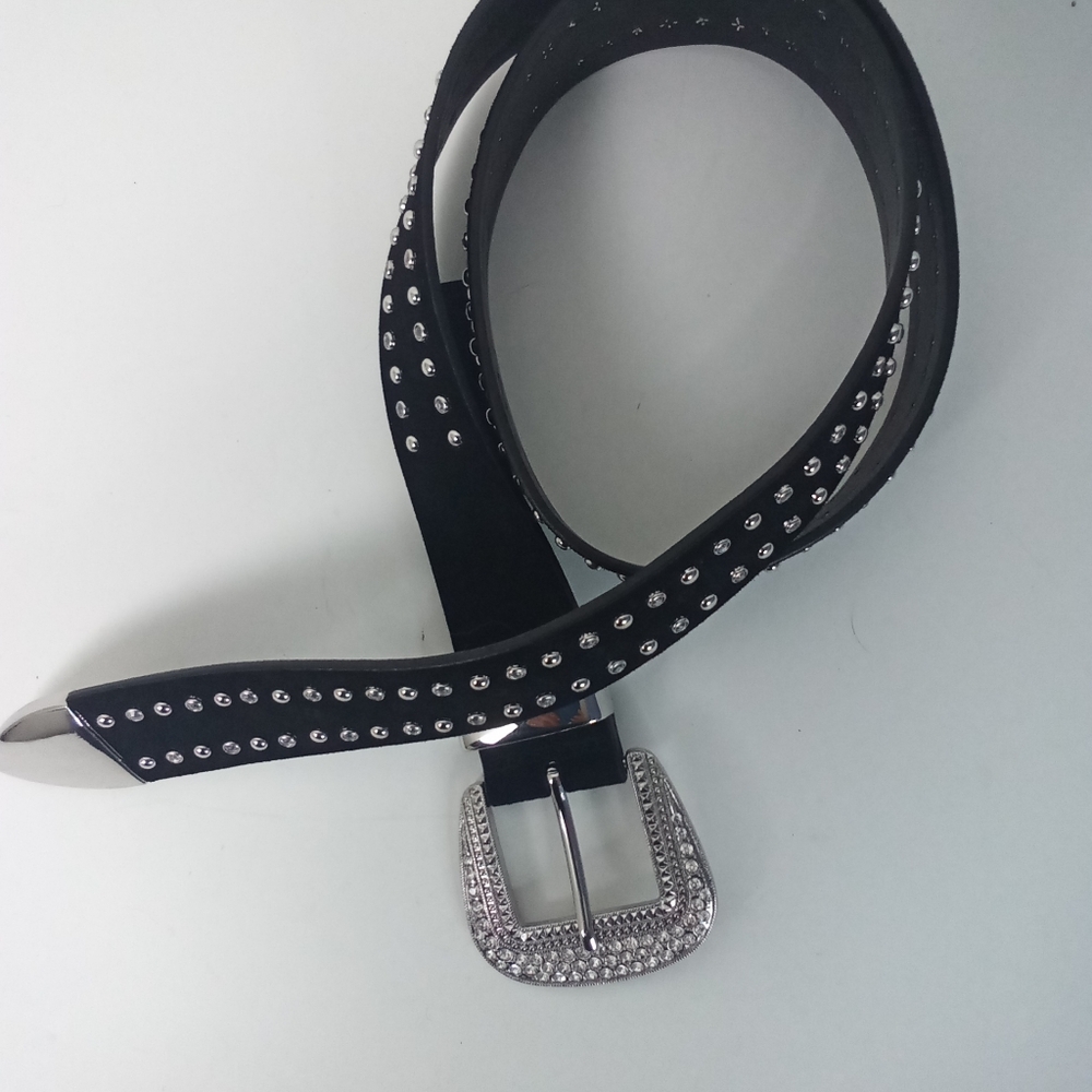 Anthropologie Rhinestone Studded Black Leather Belt Silver Accents Western NWOT - Picture 5 of 10